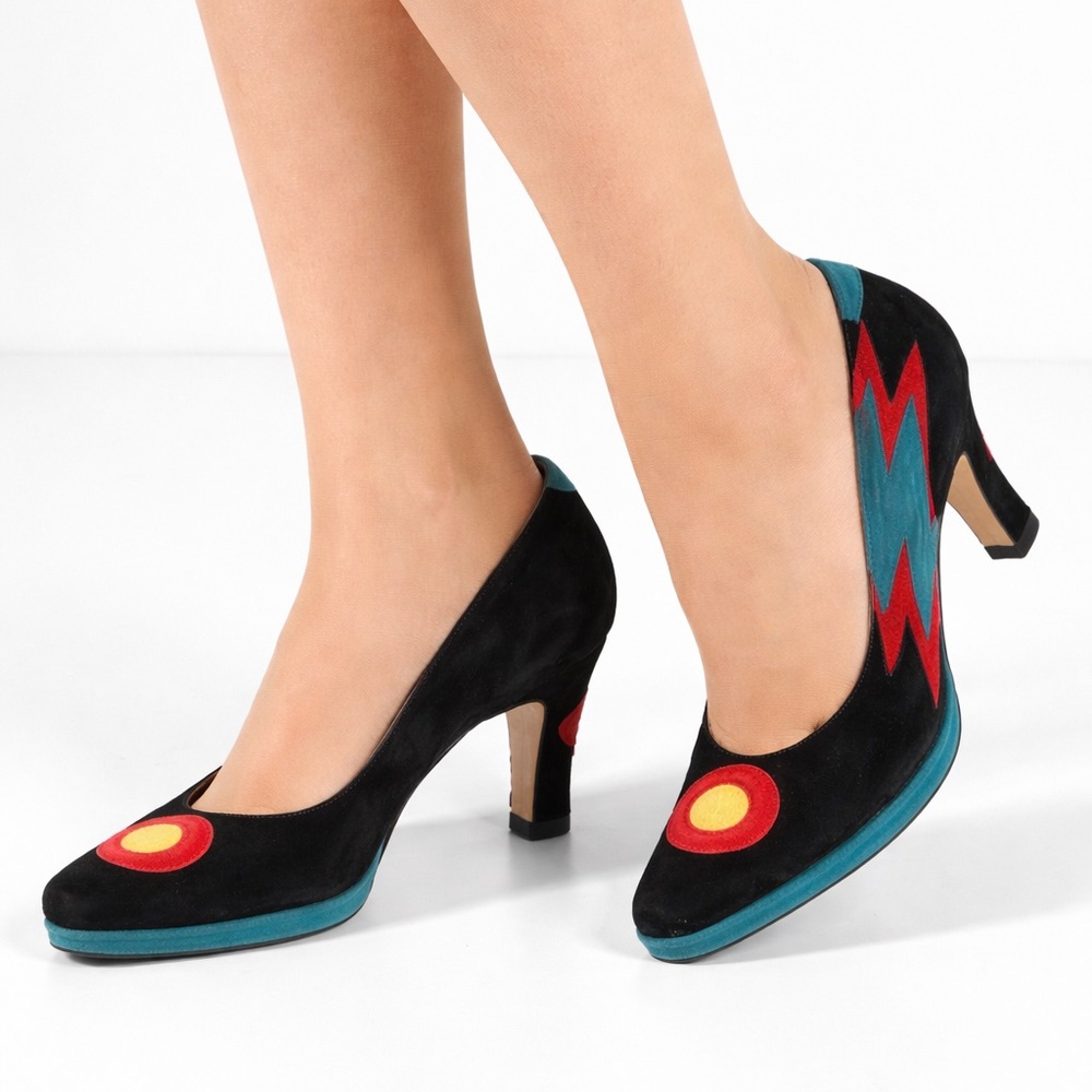 Donald J Pliner Vintage, Rare Colorful Black Suede Pumps Women’s Size 8M